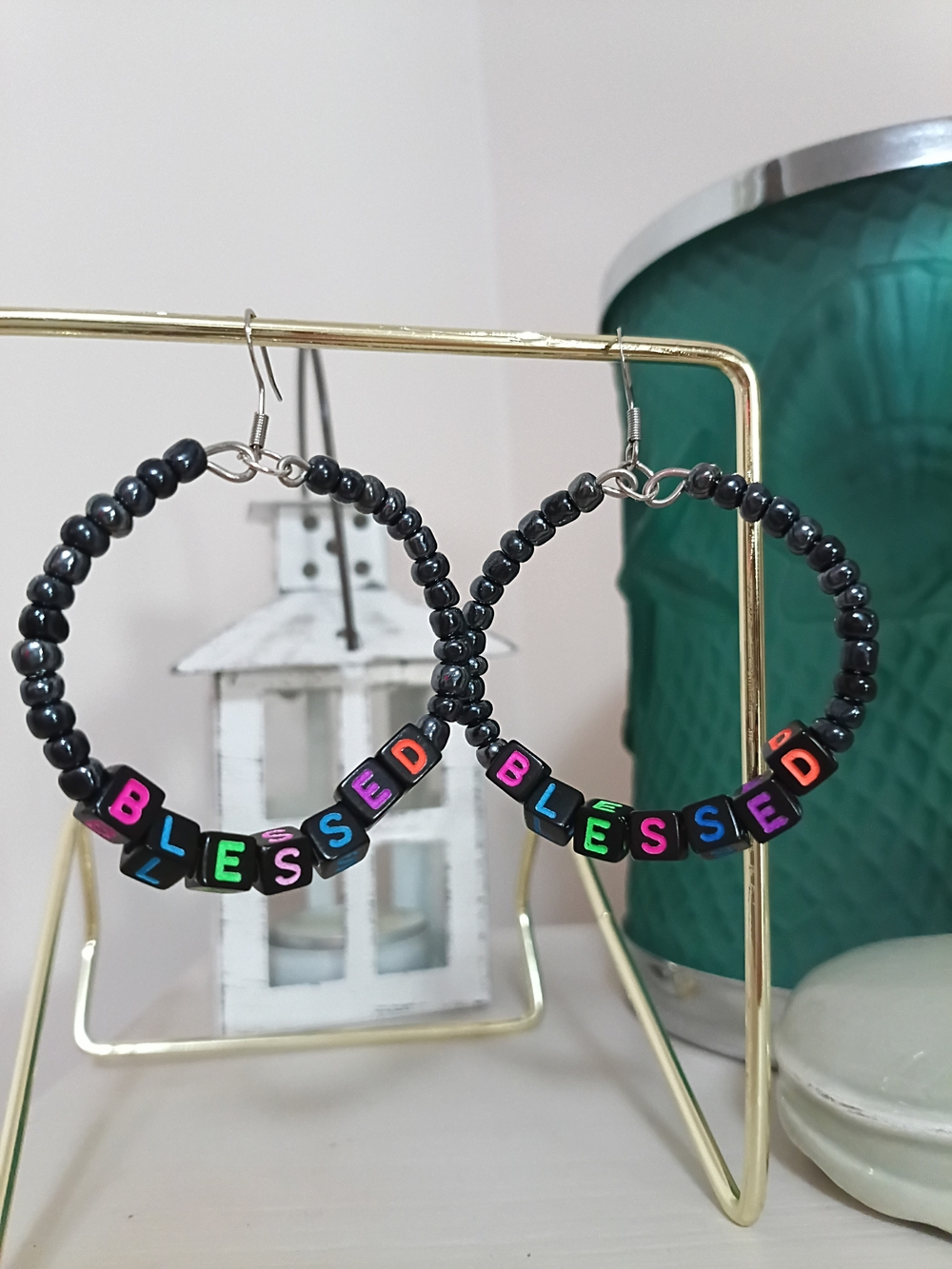 Handmade 'BLESSED' Beaded Hoop Earrings - Black with Multicolor Letters